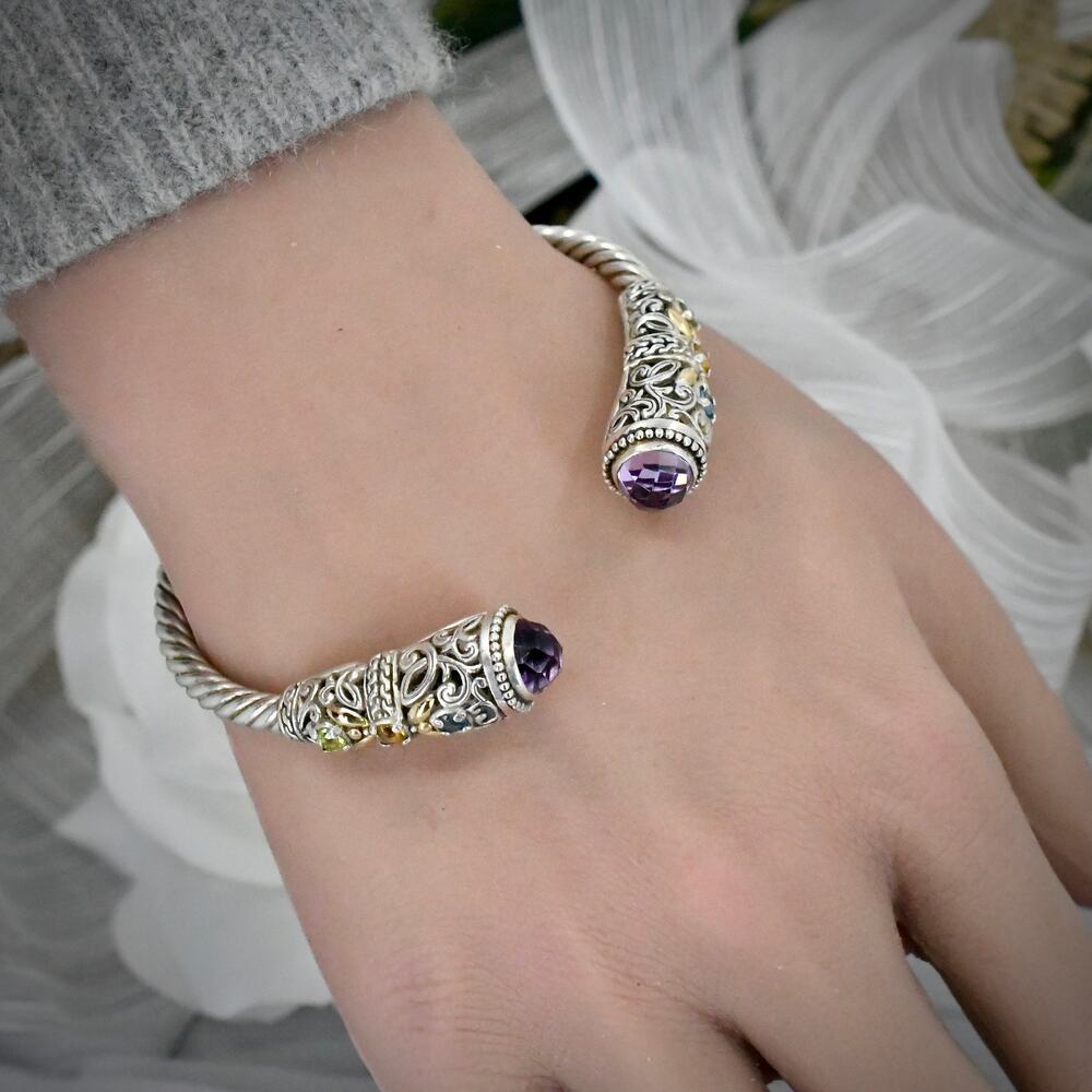 Robert Manse 925 Silver 18K Multi Gemstone Bali Cable Cuff Bracelet 6.5"